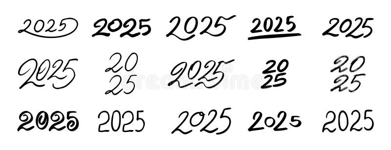 Набор пиктограмм с рисунком, нарисованных вручную в 2025 году. рисование контуров 2025 год сбор символов линии счастливых новогодн иллюстрация штока