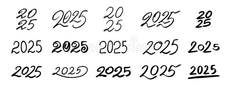 Набор пиктограмм с рисунком, нарисованных вручную в 2025 году. рисование контуров 2025 год сбор символов линии счастливых новогодн иллюстрация штока