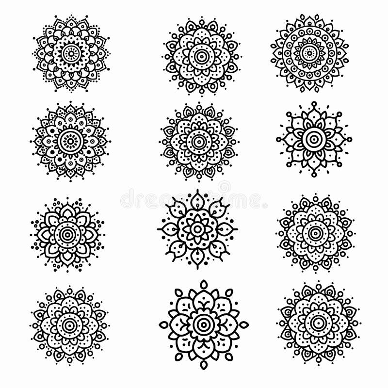 Набор рисованных рисунков Mandala представляет черно-белые узоры бесплатная иллюстрация