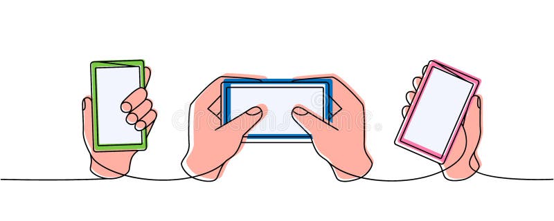 набор рукописного держания смартфона один цветной непрерывный чертеж. рука с телефоном непрерывный один красочный набор бесплатная иллюстрация
