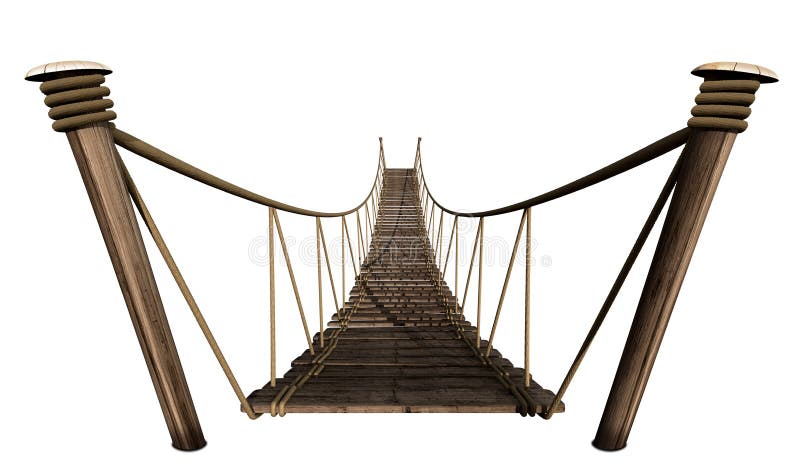 A rope bridge made of wooden planks held together by rope and secured by wooden pegs on an isolated background. A rope bridge made of wooden planks held together by rope and secured by wooden pegs on an isolated background