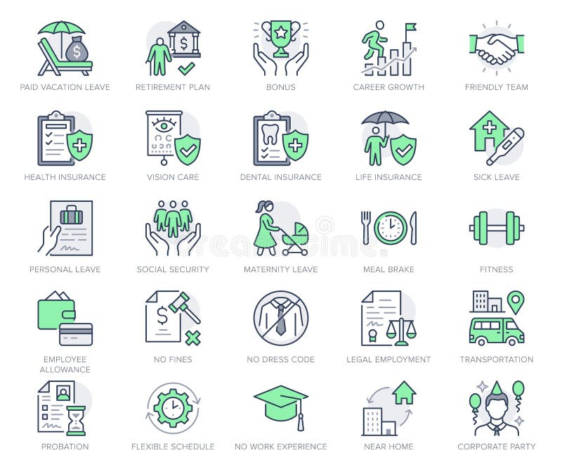 Employee benefits line icons. Vector illustration with icon - hr, perks, organization, maternity rest, sick leave outline pictogram for personal management. Green Color Editable Stroke. Employee benefits line icons. Vector illustration with icon - hr, perks, organization, maternity rest, sick leave outline pictogram for personal management. Green Color Editable Stroke.