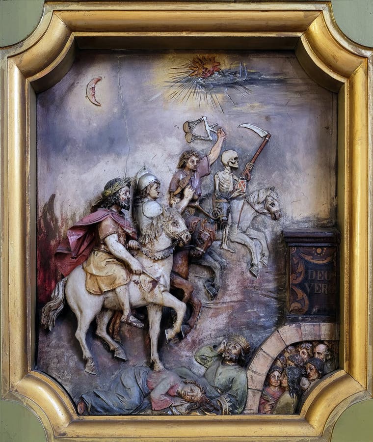 The four horsemen of the apocalypse, Saint George altar in the Basilica of the Sacred Heart of Jesus in Zagreb, Croatia. The four horsemen of the apocalypse, Saint George altar in the Basilica of the Sacred Heart of Jesus in Zagreb, Croatia