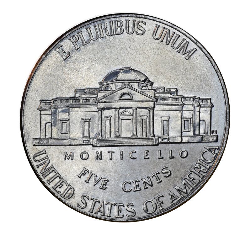 Back of United States nickel with Thomas Jefferson`s mansion at Monticello. Back of United States nickel with Thomas Jefferson`s mansion at Monticello