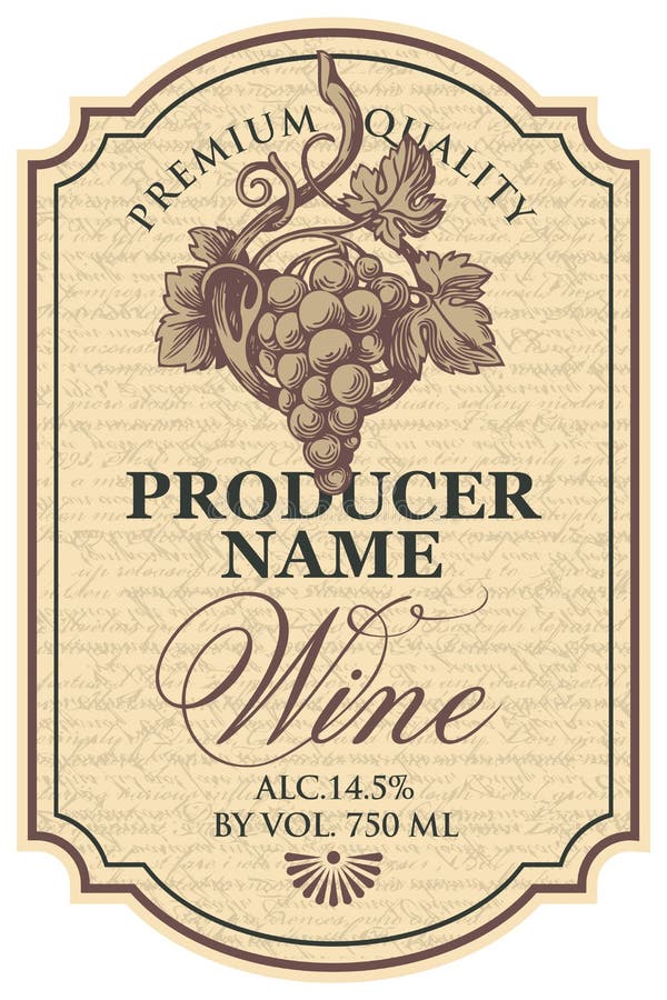 Vector wine label with hand-drawn bunch of grapes and calligraphic inscription in figured frame on the abstract handwritten background in retro style. Vector wine label with hand-drawn bunch of grapes and calligraphic inscription in figured frame on the abstract handwritten background in retro style