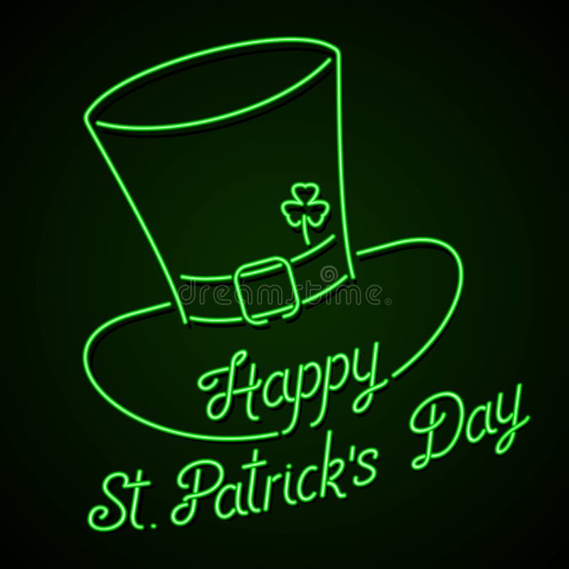 Накаляя неоновая вывеска - литерность дня счастливого St. Patrick с шляпой и shamrock лепрекона иллюстрация штока