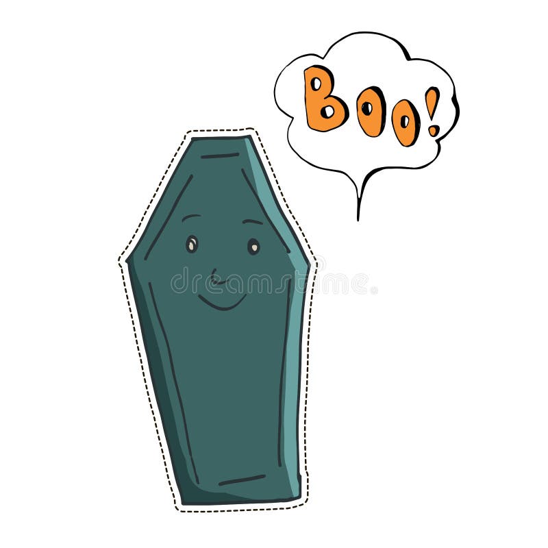 Наклейка с символами Cute Halloween Векторная иллюстрация гроба и речевого пузыря Boo бесплатная иллюстрация