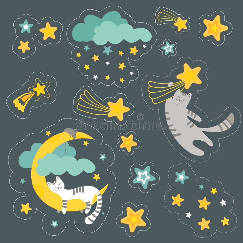 Sticker Set Pattern with Cats, Moons, Stars Stock Vector Illustration of moons, fairy 239310043