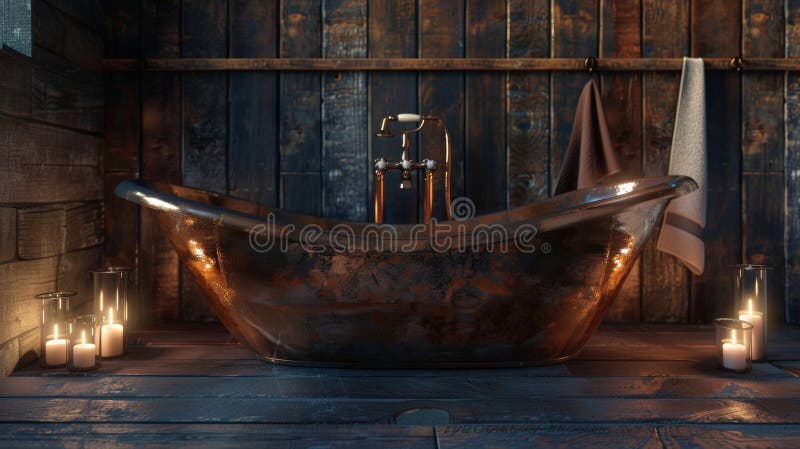 Finally in the bathroom a luxurious copper bathtub stands out against the raw unfinished walls and dark wood accents. Soft candlelight reflects off the metal creating a serene and . AI generated. Finally in the bathroom a luxurious copper bathtub stands out against the raw unfinished walls and dark wood accents. Soft candlelight reflects off the metal creating a serene and . AI generated