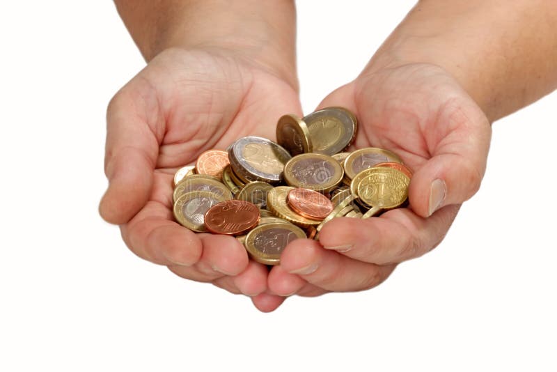 Two hands holding hard cash isolated on white background. Two hands holding hard cash isolated on white background