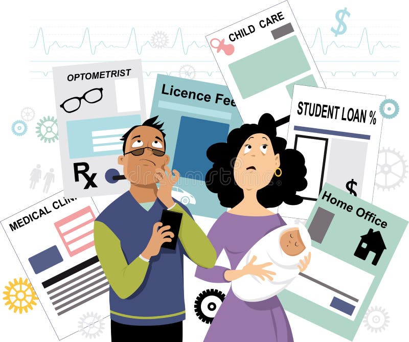 Young family confused over tax deduction documents, EPS 8 vector illustration. Young family confused over tax deduction documents, EPS 8 vector illustration