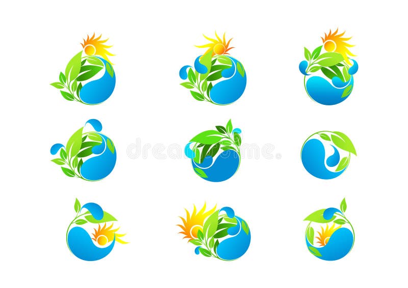 Намочите падение, логотип, лист, ecofriendly, свежий, здоровые, рост, комплект значка дизайна вектора экологичности концепции иллюстрация штока