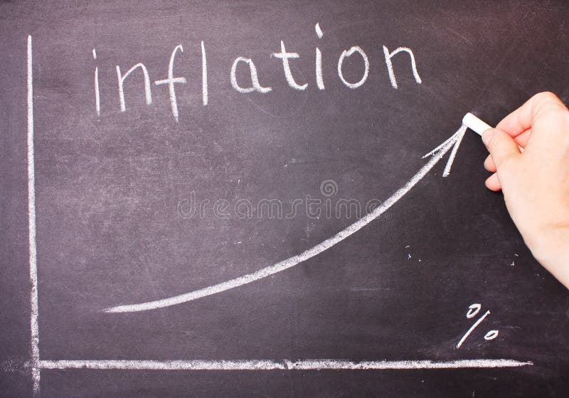 Word and graph of rising inflation written chalk on a blackboard. Word and graph of rising inflation written chalk on a blackboard