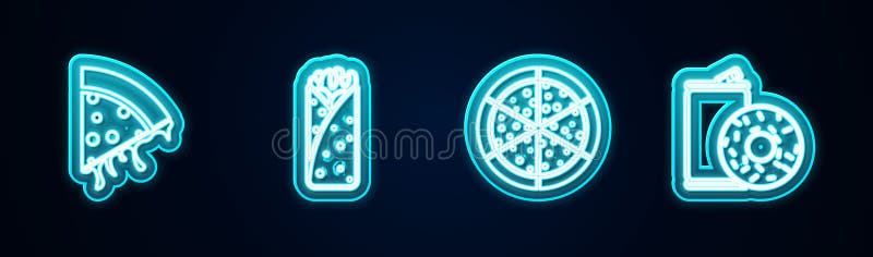 Нарезка пиццы Burrito Pizza и алюминия может соды и пончика. Неоновый значок. Вектор бесплатная иллюстрация