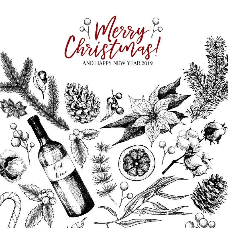 Hand drawn Christmas greeting card. Vector pine branch, fir, eucalyptus, holly, cotton, poinsettia, wine bottle. Xmas and New Year greeting card. Winter seasonal greetings, party celebration. Hand drawn Christmas greeting card. Vector pine branch, fir, eucalyptus, holly, cotton, poinsettia, wine bottle. Xmas and New Year greeting card. Winter seasonal greetings, party celebration