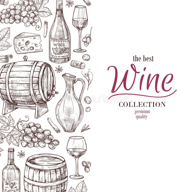 Hand drawn wine background. Wine bottles wineglass cask and grape border. Winery, restaurant vector menu template. Illustration of wine menu, bottle and cask. Hand drawn wine background. Wine bottles wineglass cask and grape border. Winery, restaurant vector menu template. Illustration of wine menu, bottle and cask