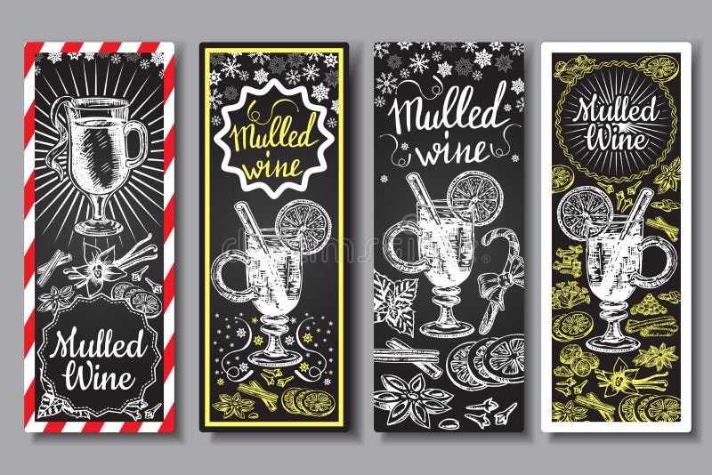 Hand drawn mulled wine vector banners set. Black and white sketch posters with wine glass. Menu cards design templates in retro vintage style. Hand drawn mulled wine vector banners set. Black and white sketch posters with wine glass. Menu cards design templates in retro vintage style