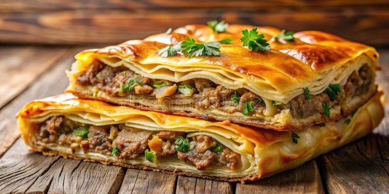насладитесь золотыми прелестями балкан бурека и закусками из соленого мяса и сладкой выпечки филло иллюстрация штока