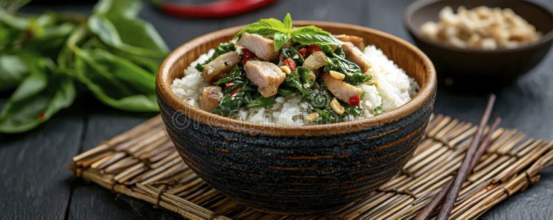 Насладитесь изысканными вкусами хрустящей свинины, приготовленной из ароматного таиландского базилика, и острым чесноком - кулинар иллюстрация вектора