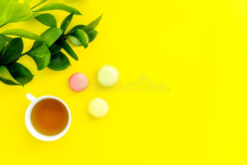 Настроение лета, чаепитие лета Macarons чашки чаю и помадок приближают к растительности brignt на желтом экземпляре взгляд сверху стоковые фото Настроение лета, чаепитие лета Macarons чашки чаю и помадок приближают к растительности brignt на желтом экземпляре взгляд сверху стоковые фото