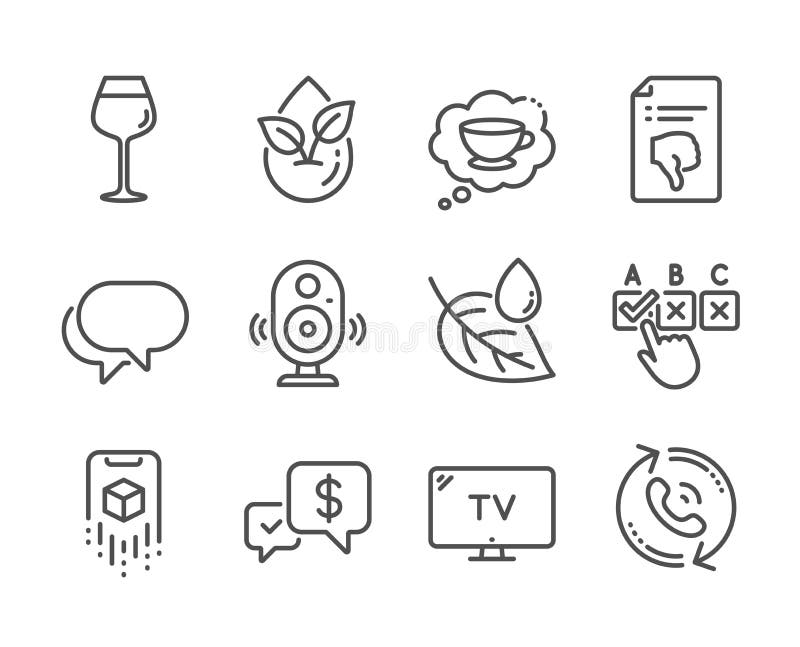 Set of Business icons, such as Thumb down, Organic product, Bordeaux glass, Coffee cup, Leaf dew, Payment received, Correct checkbox, Call center, Speaker, Augmented reality, Talk bubble. Vector. Set of Business icons, such as Thumb down, Organic product, Bordeaux glass, Coffee cup, Leaf dew, Payment received, Correct checkbox, Call center, Speaker, Augmented reality, Talk bubble. Vector