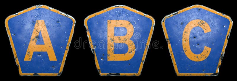 Set of public road signs in blue and orange color with a capital letters A, B, C in the center isolated black background. 3d rendering. Set of public road signs in blue and orange color with a capital letters A, B, C in the center isolated black background. 3d rendering