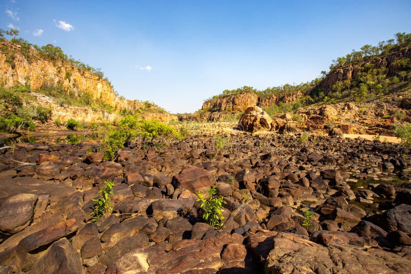 View of the river rocky bed between the deep Gorge 1 and Gorge 2, in Nitmiluk Katherine Gorge National Park, Northern Territory, Australia. View of the river rocky bed between the deep Gorge 1 and Gorge 2, in Nitmiluk Katherine Gorge National Park, Northern Territory, Australia