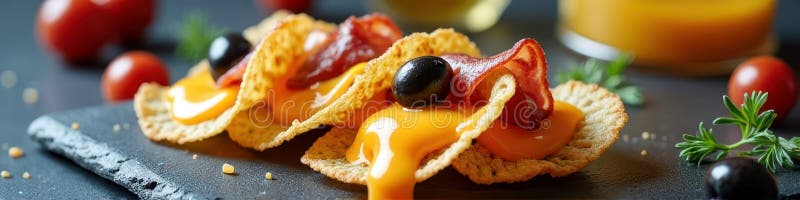Начос гурманов с салями чеддар и черными оливками на доске с шипами стоковая фотография rf