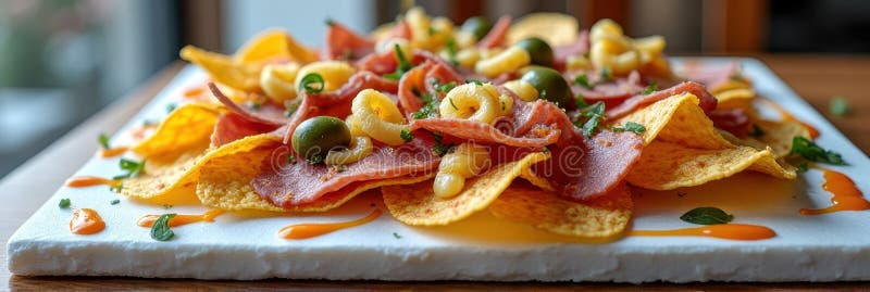 Начос для гурманов с оливками и сыром на современной блюде стоковые фотографии rf