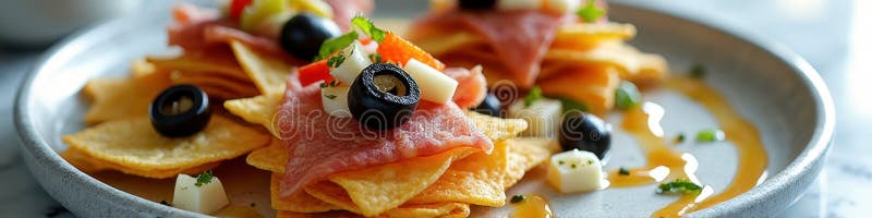 Начос для гурманов с оливками и сыром, украшенным свежими травами стоковая фотография rf