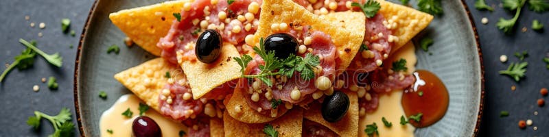 Начос с оливками и соусом из сыра, украшенный травами стоковая фотография