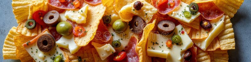 Начос с сыром оливки салями и травами на хрустящие чипсы стоковая фотография