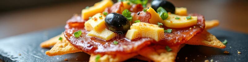 Начос с сыром оливье и шив на хрустящей тортилье чипсы стоковое фото