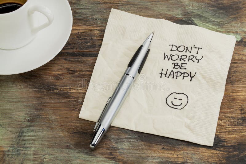 Don't worry be happy - a cocktail napkin doodle with cup of coffee. Don't worry be happy - a cocktail napkin doodle with cup of coffee