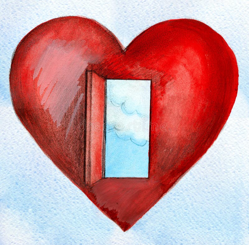 Red heart with an open door blue sky and clouds on blue background. Red heart with an open door blue sky and clouds on blue background