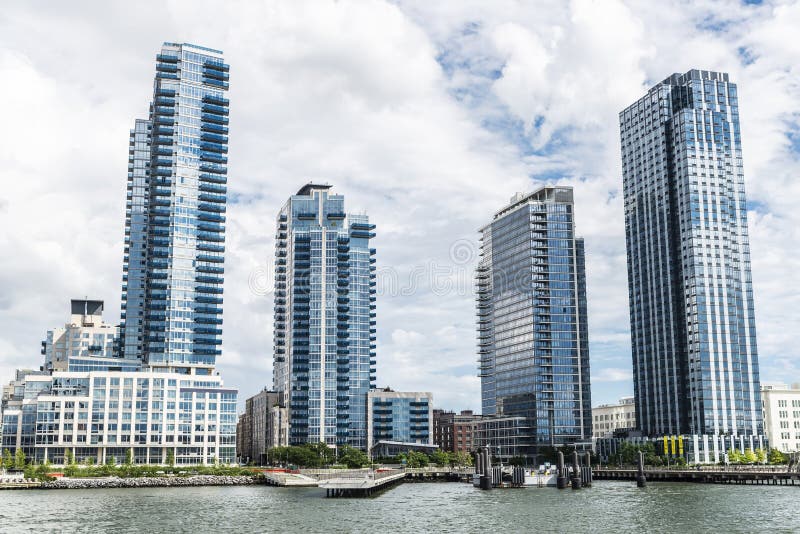 View of the skyline of modern skyscrapers of 4545 Center Boulevard in Long Island City waterfront, New York City, USA. View of the skyline of modern skyscrapers of 4545 Center Boulevard in Long Island City waterfront, New York City, USA