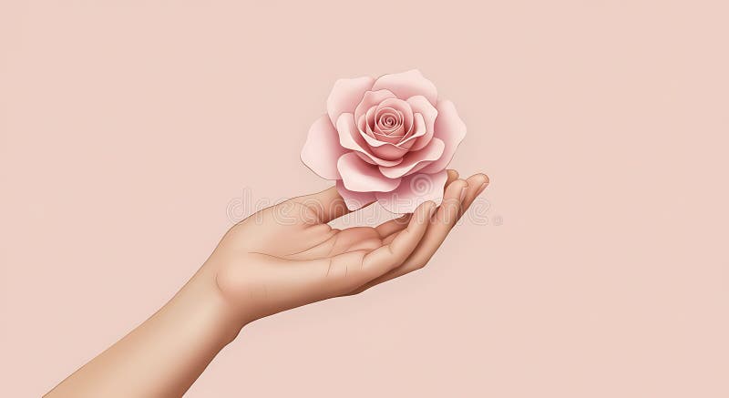 Нежная рука мягко держит розовый цвет на мягком розовом фоне. иллюстрация штока