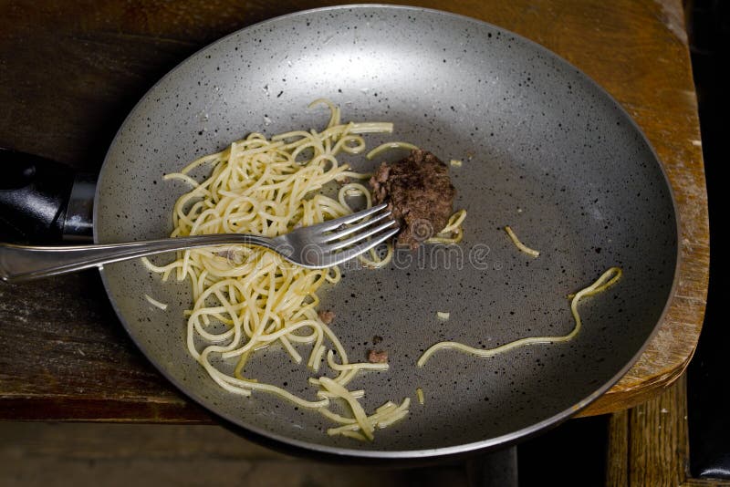 Unfinished food in a frying pan on a table top, concept of being a bachelor. Studio closeup photo. Unfinished food in a frying pan on a table top, concept of being a bachelor. Studio closeup photo