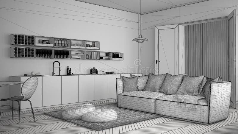 Unfinished project of scandinavian modern living room with kitchen, dining table, sofa and rug with pillows, minimalist white architecture interior design. Unfinished project of scandinavian modern living room with kitchen, dining table, sofa and rug with pillows, minimalist white architecture interior design