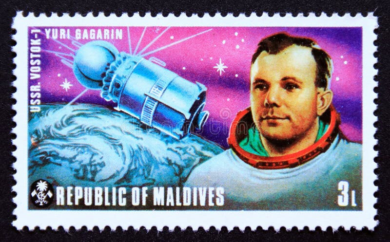 Unmarked postage stamp printed in republic maldives 1974. Vostok 1 and yuri gagarin. Value 3 maldivian laari. From the series space explorations of us and ussr. Mint, never hinged, mnh, unused. Unmarked postage stamp printed in republic maldives 1974. Vostok 1 and yuri gagarin. Value 3 maldivian laari. From the series space explorations of us and ussr. Mint, never hinged, mnh, unused.