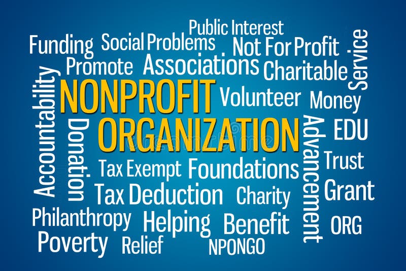 Nonprofit Organization word cloud on Blue Background. Nonprofit Organization word cloud on Blue Background