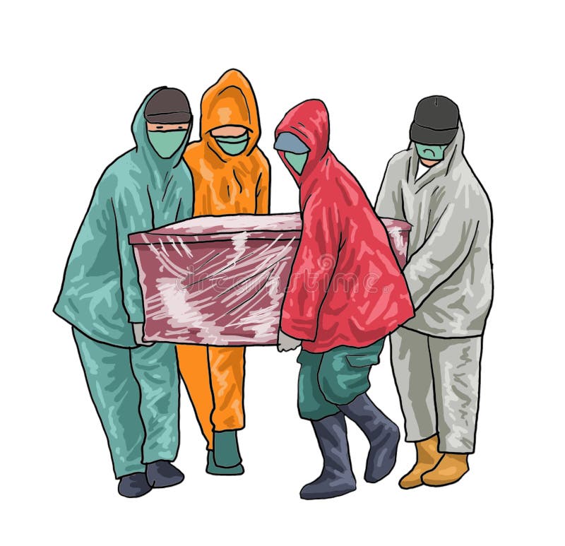 некоторые люди в хазмат-одежде поднимают гроб иллюстрация вектора