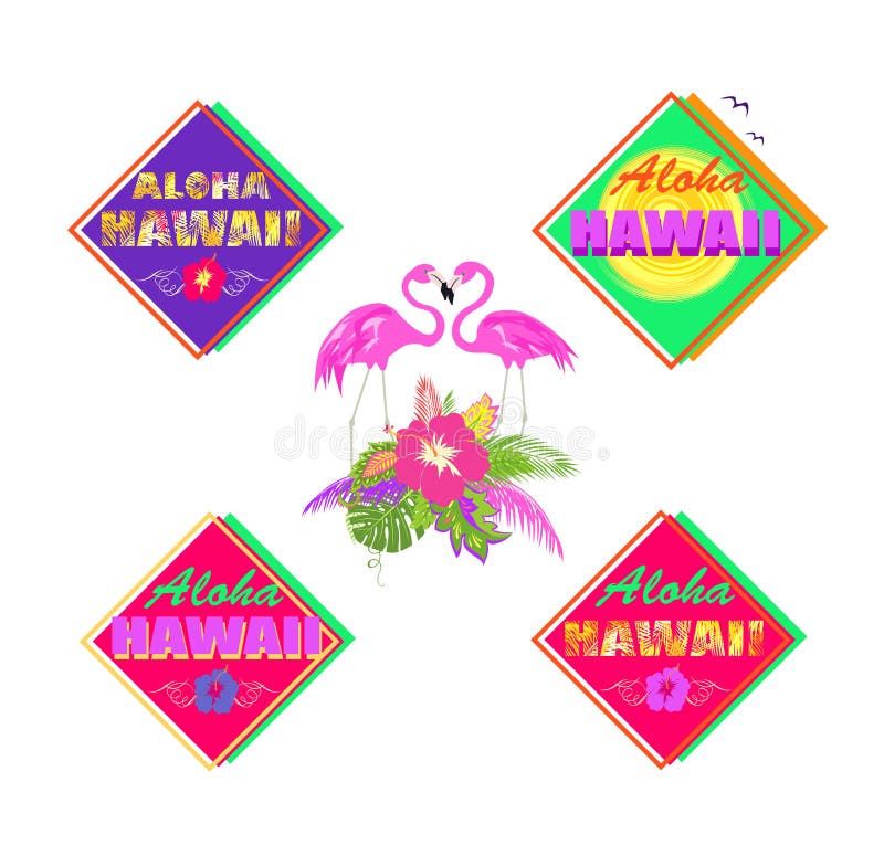 Неон красочный summery набор марок с aloha Гавайскими островами, помечая прекрасная пара из розовой ладони фламинго оставляет hibi иллюстрация вектора
