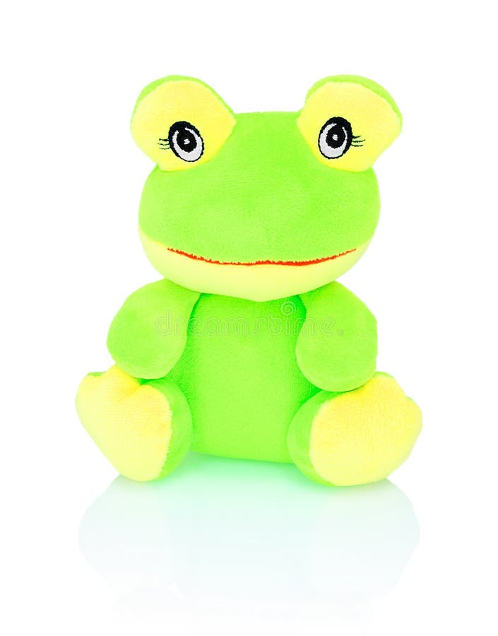 Неоновая игрушка plushie зеленой лягушки изолированная на белой предпосылке с отражением тени Chartreuse кукла лягушки изолирован стоковая фотография rf
