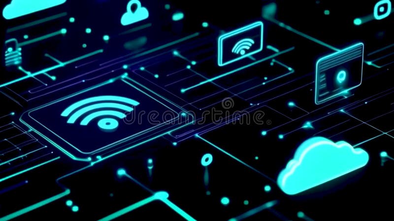 Неоновые цифровые соединения плавно отступают на темном фоне. иллюстрация штока