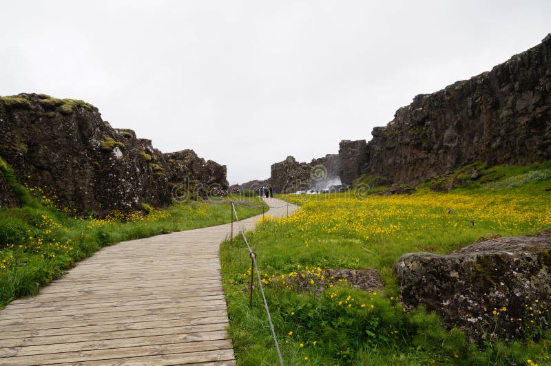 Неопознанные туристы идя в национальный парк Thingvellir, Исландию стоковые изображения Неопознанные туристы идя в национальный парк Thingvellir, Исландию стоковые изображения