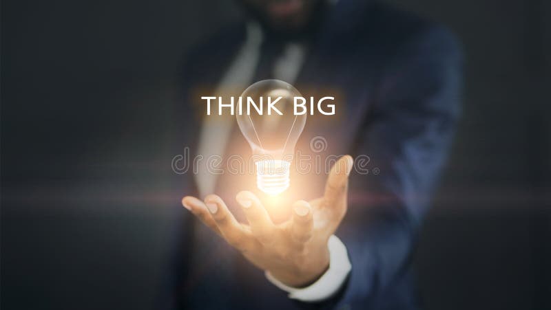 Unrecognizable black businessman holding lightened bulb with think big text, unique sollution for business, collage. Unrecognizable black businessman holding lightened bulb with think big text, unique sollution for business, collage