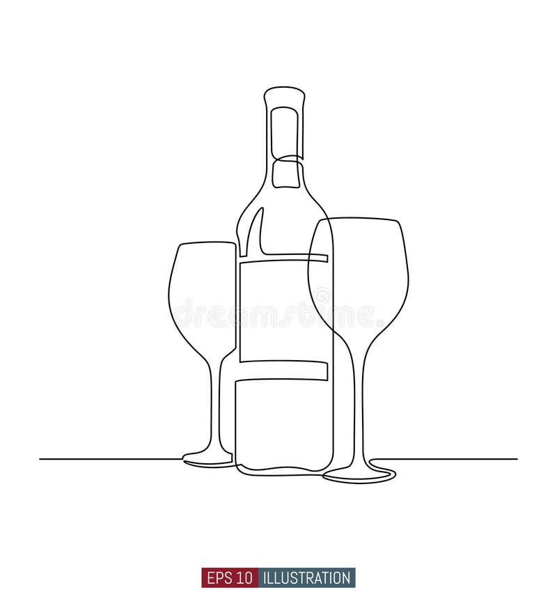 Continuous line drawing of wine bottle and glasses. Template for your design works. Vector illustration. Continuous line drawing of wine bottle and glasses. Template for your design works. Vector illustration.