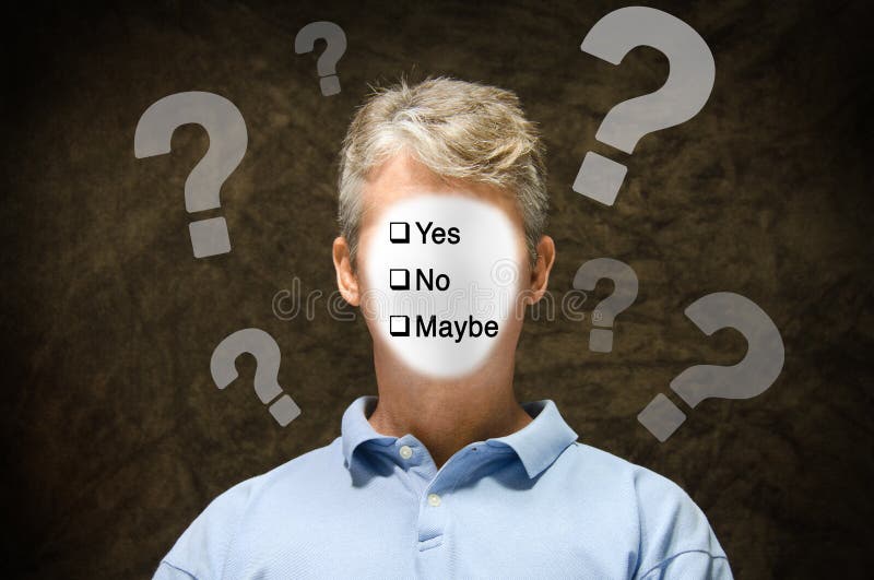 A man with a blank area over his face with a survey saying Yes No Maybe representing an undecided voter or consumer with questions and confusion over legislative issues and consumer trends and health decisions. A man with a blank area over his face with a survey saying Yes No Maybe representing an undecided voter or consumer with questions and confusion over legislative issues and consumer trends and health decisions.