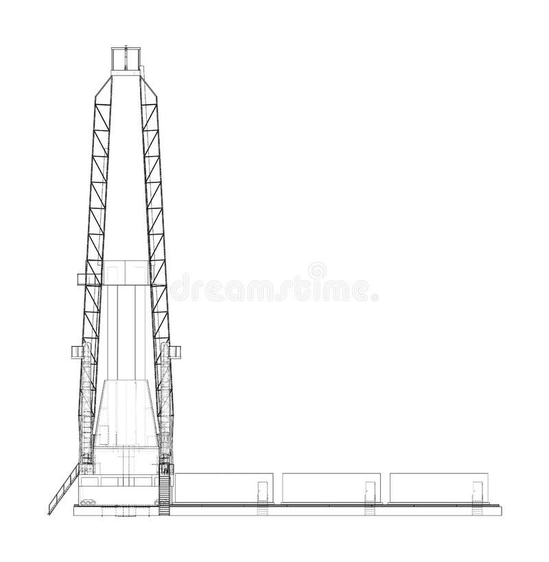 Oil rig. Vector rendering of 3d. Wire-frame style. The layers of visible and invisible lines are separated. Orthography. Oil rig. Vector rendering of 3d. Wire-frame style. The layers of visible and invisible lines are separated. Orthography